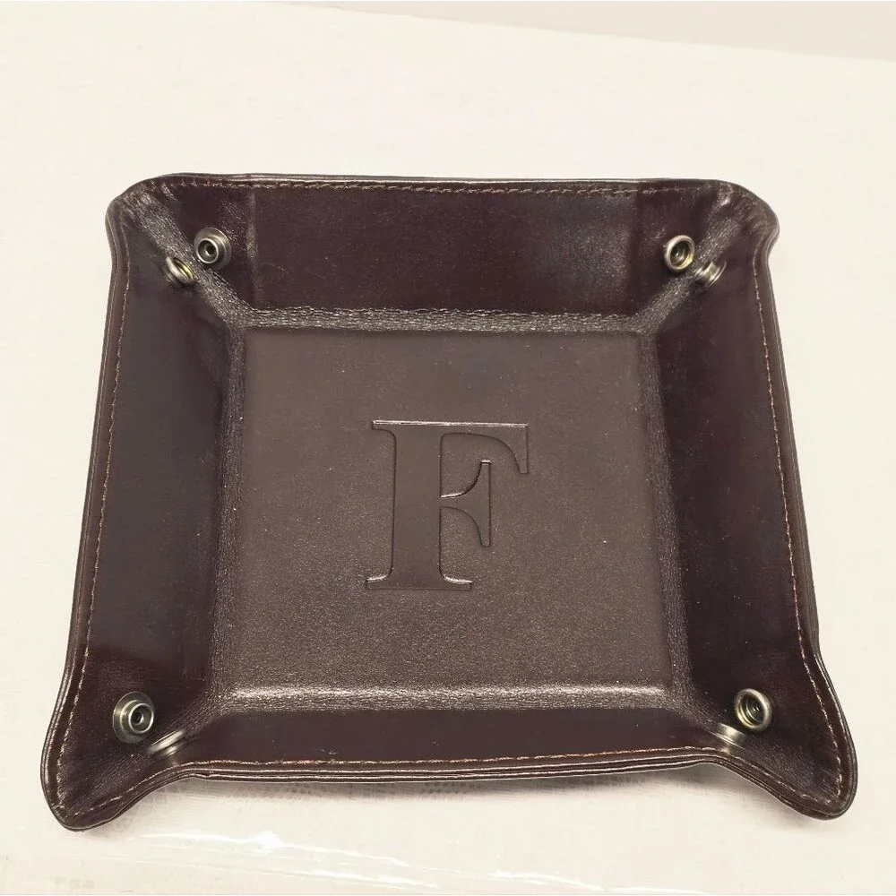 Genuine Brown Leather Valet Tray Trinket Dish Personalized With Letter 